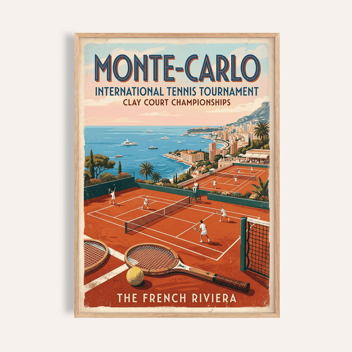 Framed Monte Carlo Tennis Print featuring retro illustration of players on a clay court by the sea