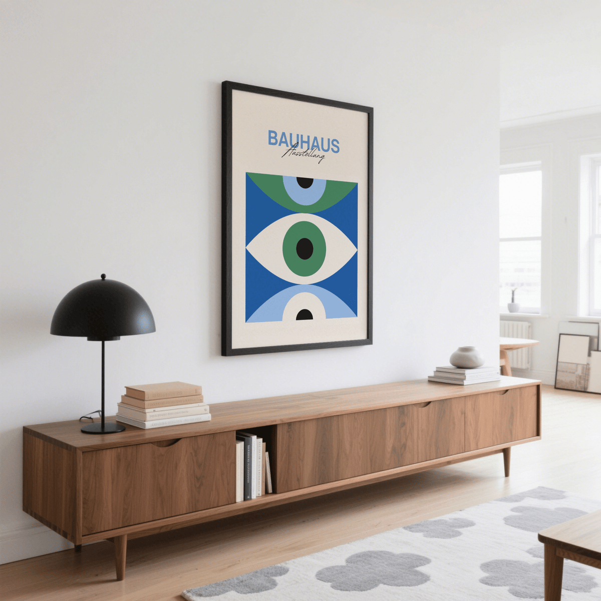 Eye Art Print wall art with blue and green abstract eye shapes above a wooden sideboard with a black lamp