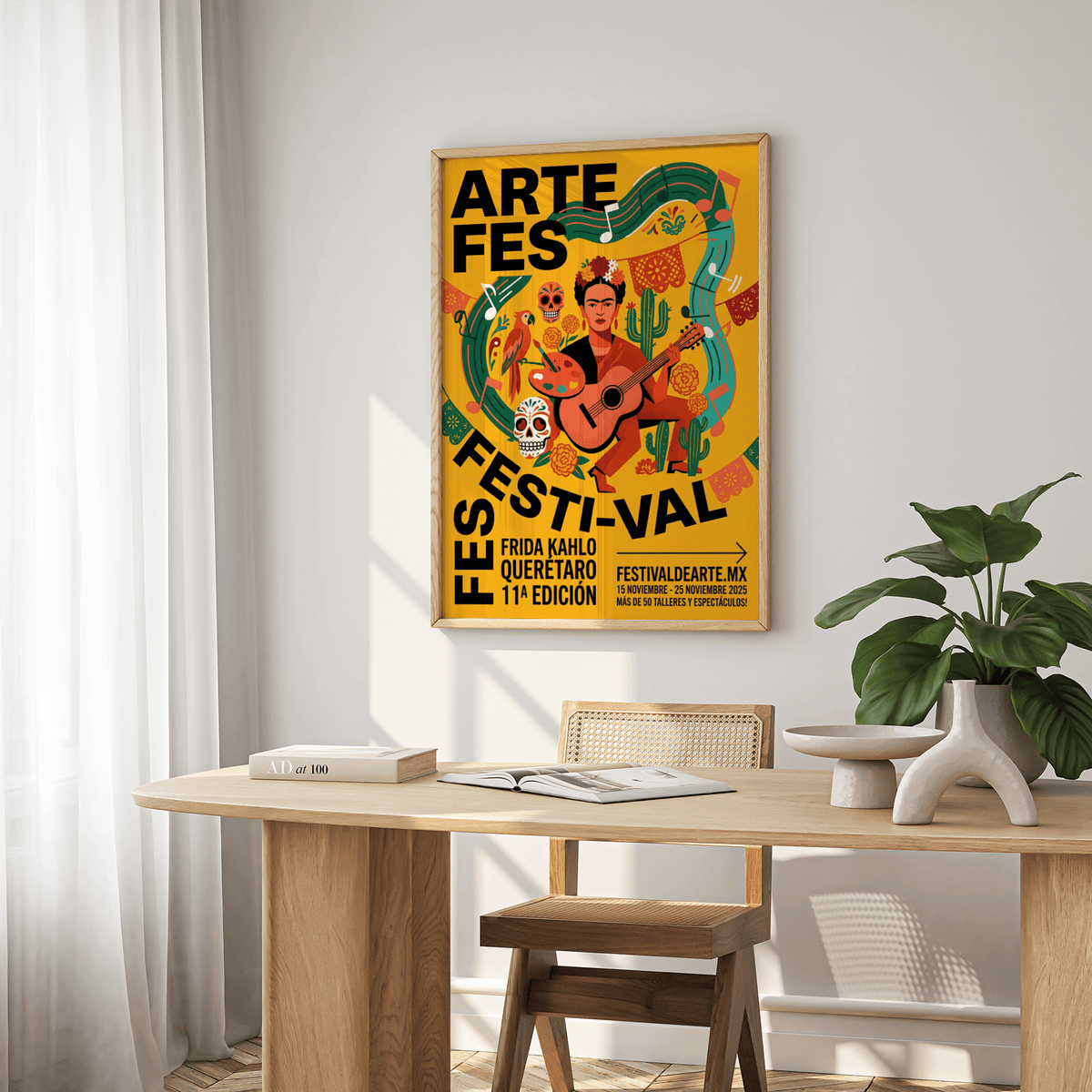 Frida Kahlo Art Print of a woman playing guitar in vibrant illustration colours hanging above a wooden table with a plant