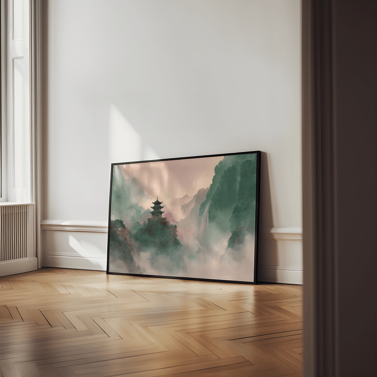 Misty Mountain Temple Art print leaning against a white wall with natural light on a wooden floor