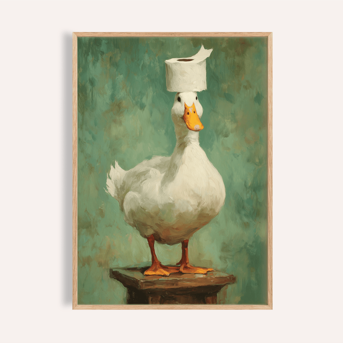 Framed print of a white duck with orange feet and beak wearing a roll of toilet paper on its head against a green background