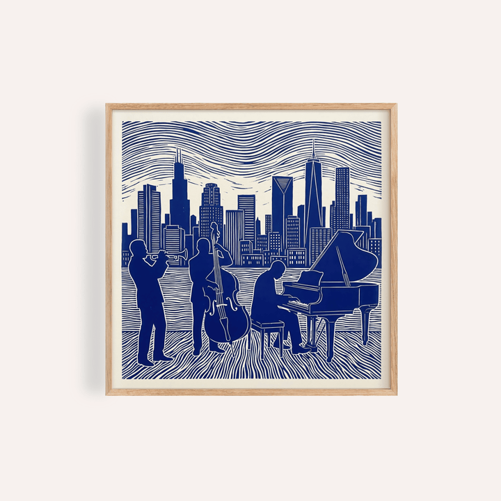 Framed Musician Poster Art of a jazz trio playing against a city skyline in blue and white line-art
