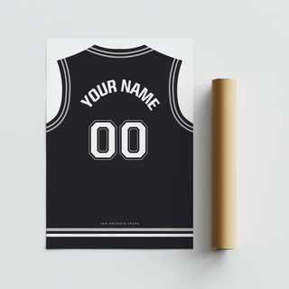 Detail close-up of Basketball Jersey Poster in Black with White Number next to a packaging tube