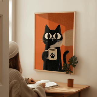 Cat Coffee Mug Print hanging above a desk with an open book and a potted plant in a cream room