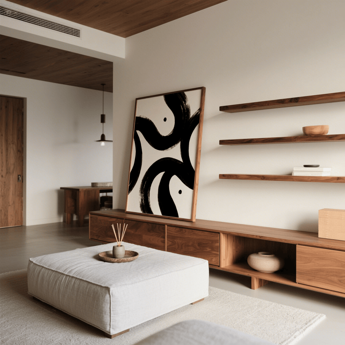 Black and White Posters leaning on a wooden cabinet with shelves and pottery in a living room
