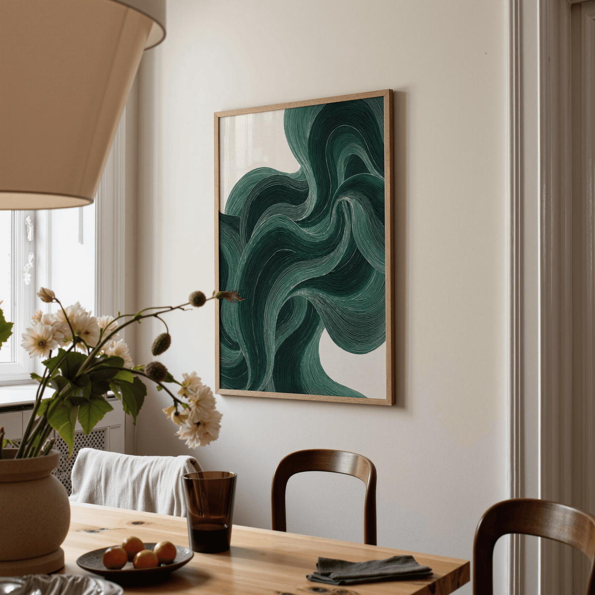 Wavy Poster print with dark green wavy lines in a dining room with flowers on the table