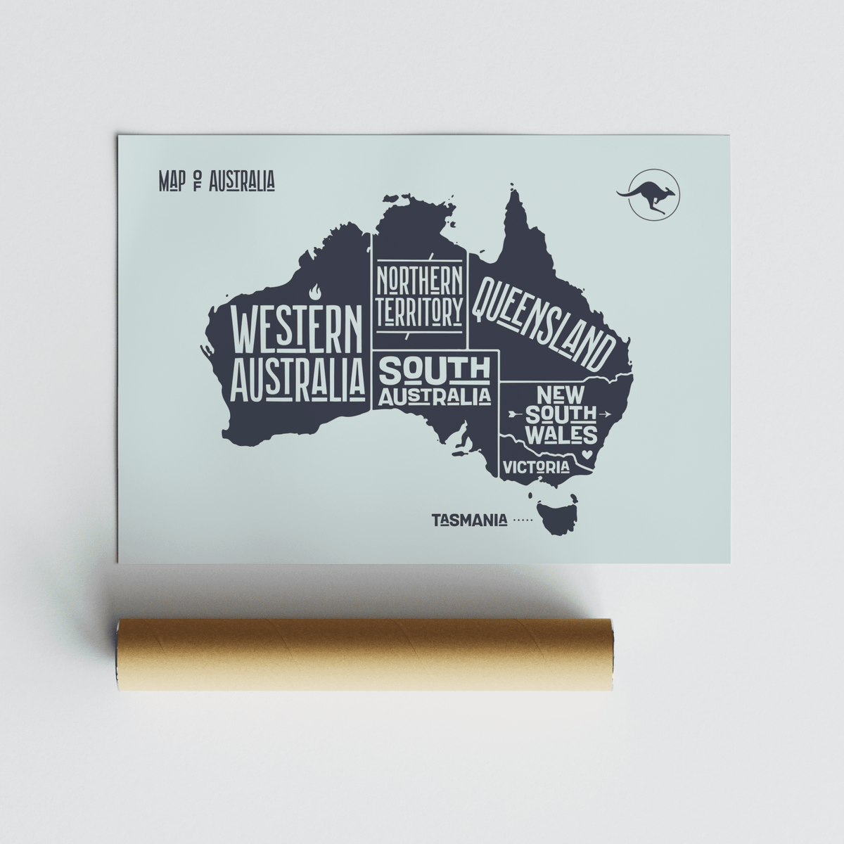 Australia Map Print with dark text on pale blue next to a packaging tube