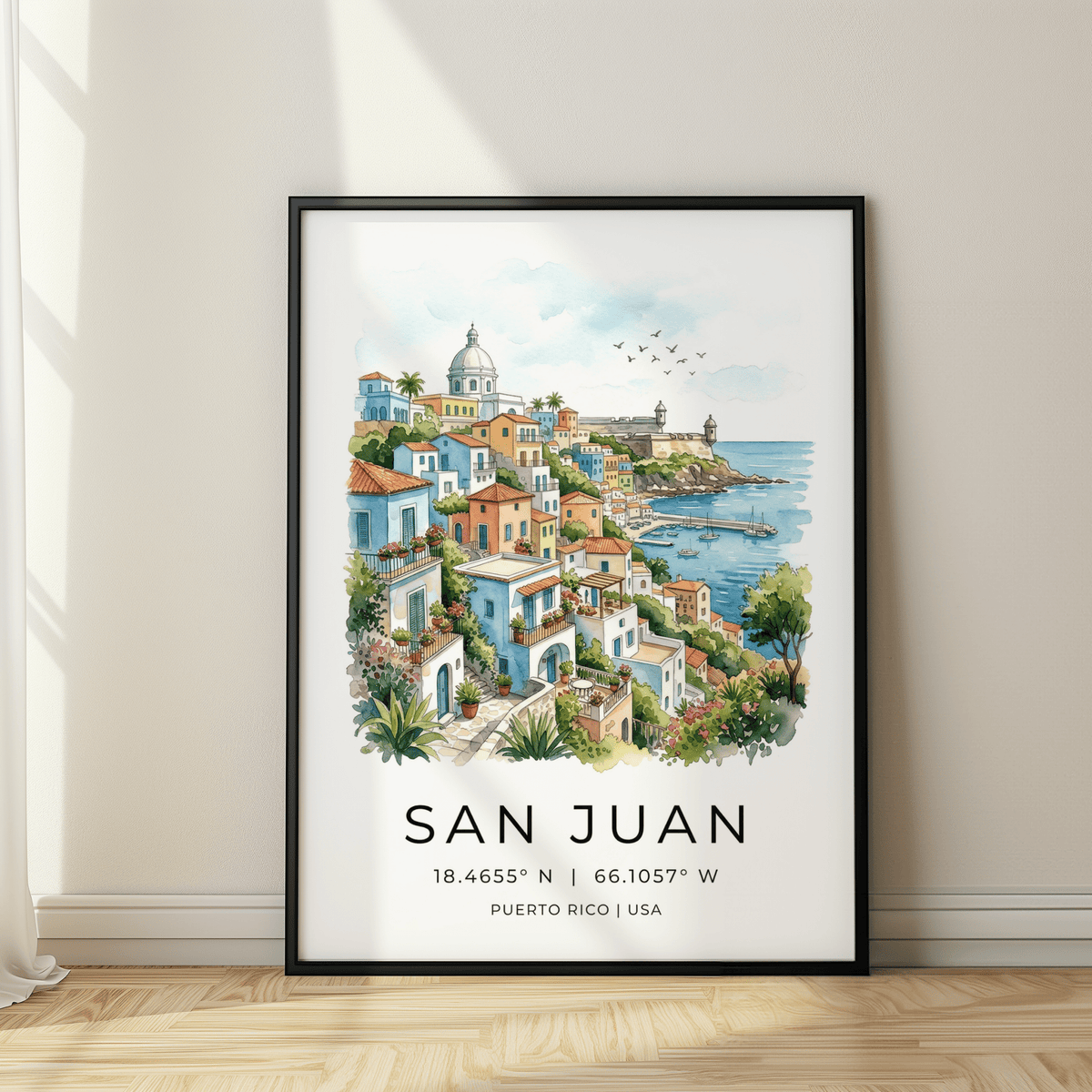 San Juan Art Print framed print close-up of a colourful coastal town illustration with birds and sea