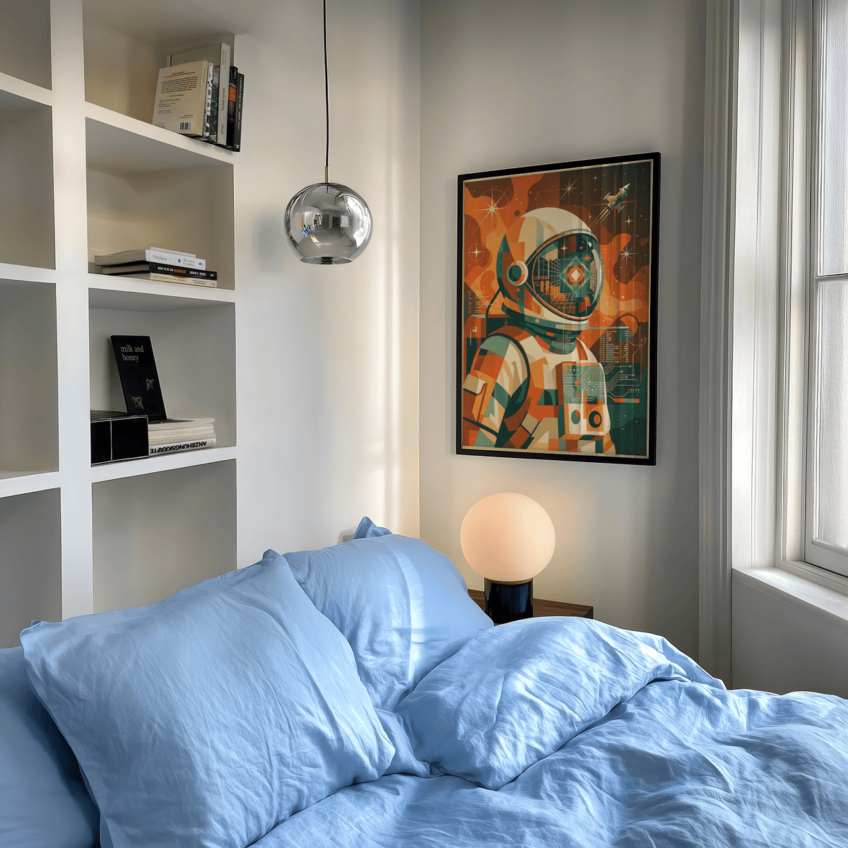 Retro Astronaut Poster on a bedroom wall above a side table lamp with a blue bed in the foreground