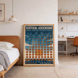 Abstract sports wall art with orange basketball bounce pattern leaning against a white wall in a bedroom