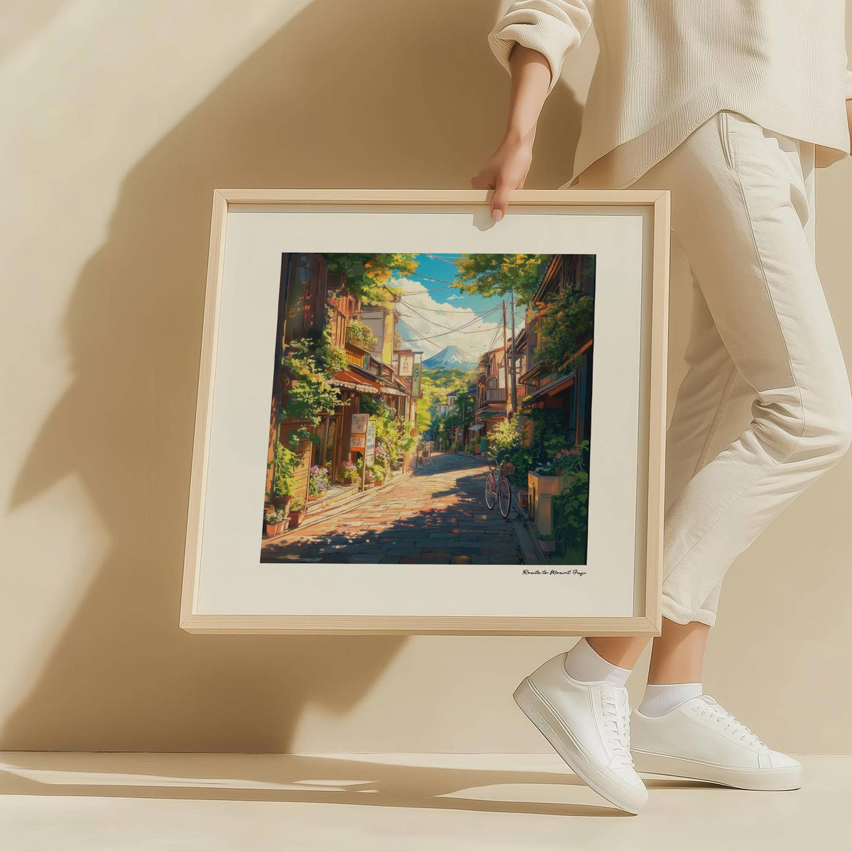 Person holding framed print of a street view with Mount Fuji under a blue sky