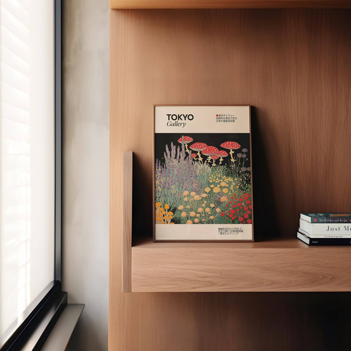 Floral Prints Vintage print with red spotted mushrooms on a wooden shelf next to stacked books