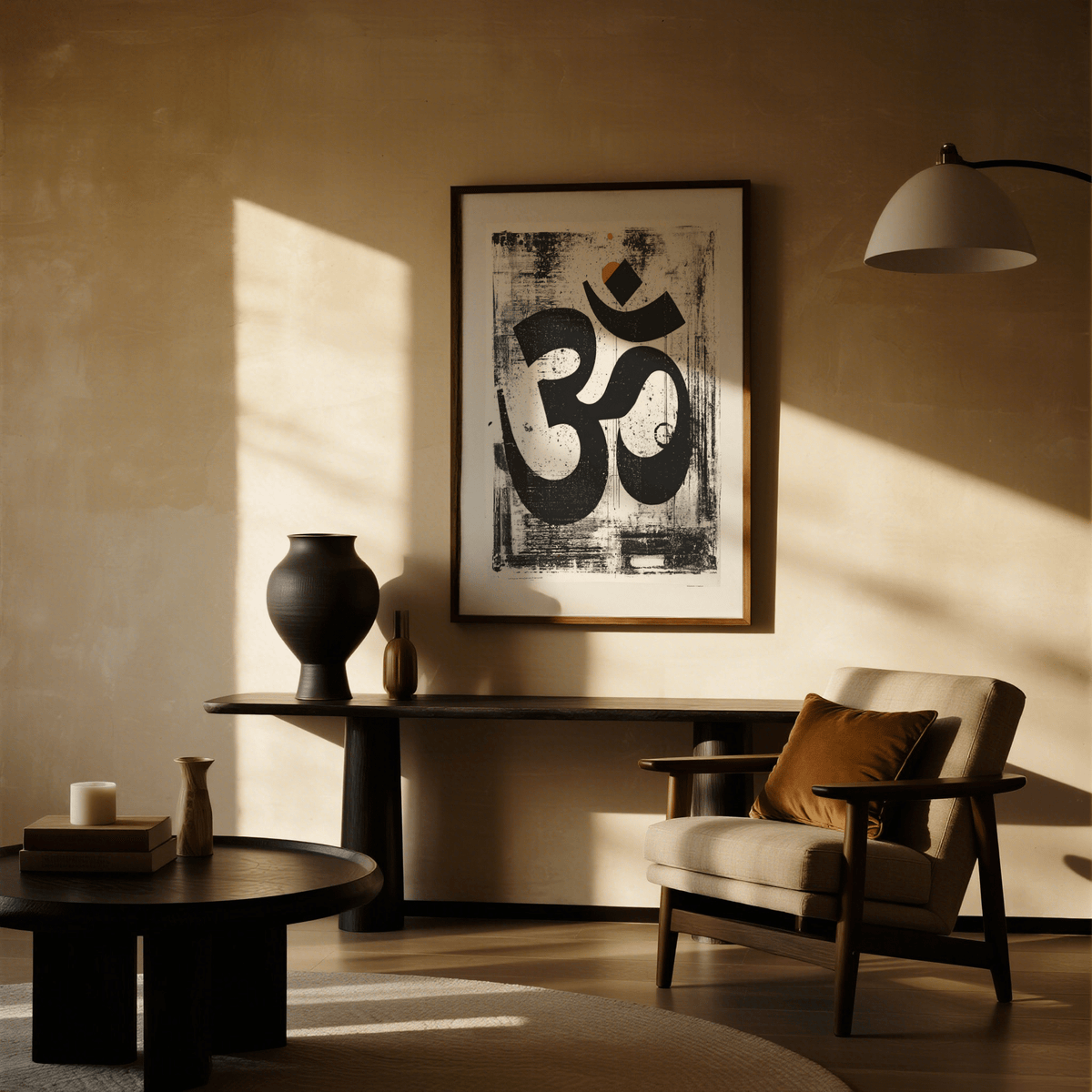 Abstract Om Art Print in black and white with orange detail on a living room wall above a table with vases