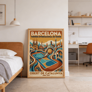 Print leaning on floor of Barcelona Tennis Poster with retro tennis court and Barcelona landmarks near a bed