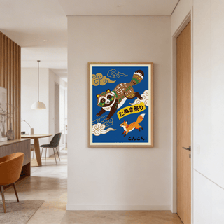 Japanese animal art print of a dancing raccoon and a fox with blue background on a hallway wall near a wooden door
