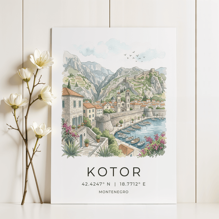 Kotor Landscape Art Print leaning on a white wooden wall with white flowers to the left