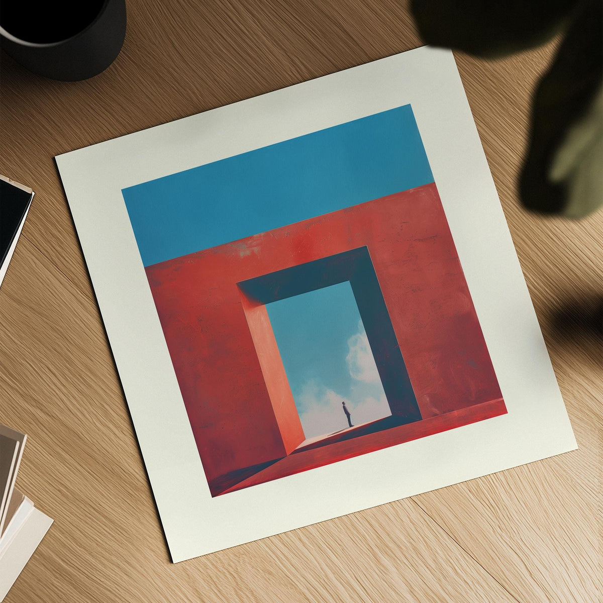 Abstract Surrealism Art print of a person in a blue and red geometric passage on a wooden surface with a black cup nearby