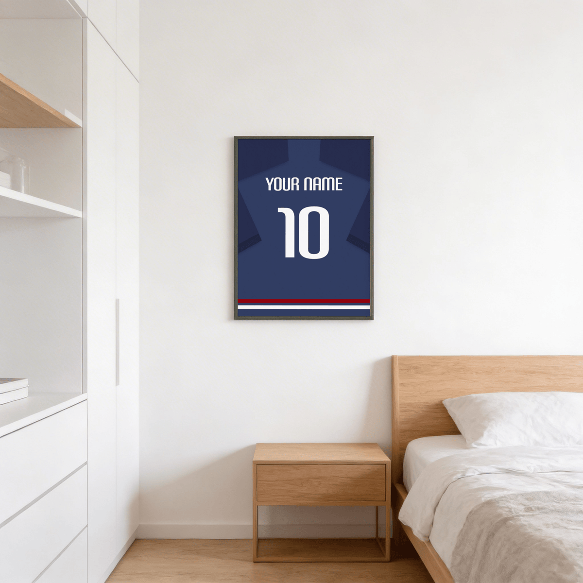 Football Shirt Poster in Navy Blue with White Number on a pale bedroom wall above a wooden bedside table