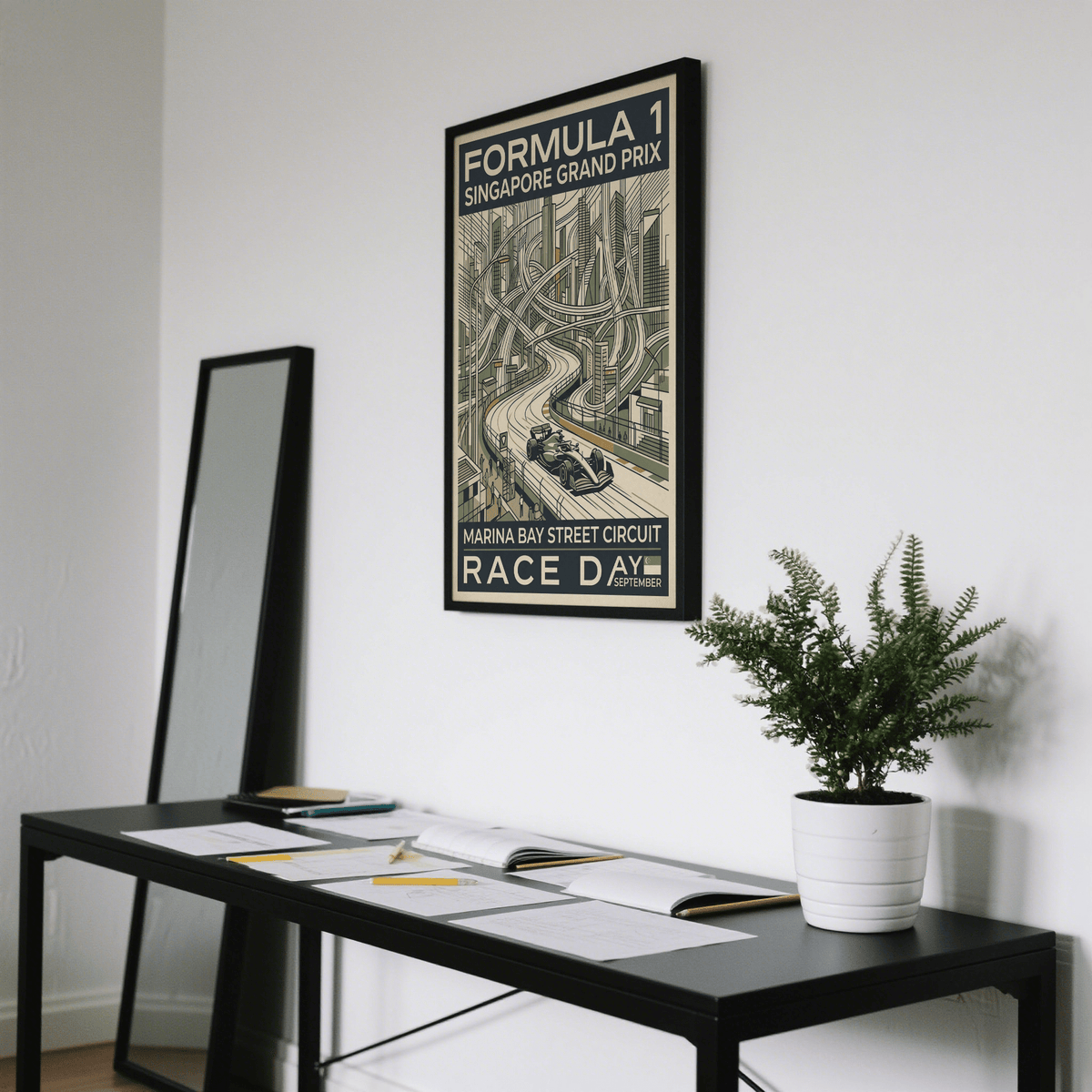 Night Street Circuit Poster print on a wall in a room with a black table and green plant