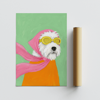 Funny Pet Poster print of a dog with aviator goggles and pink scarf beside a packaging tube