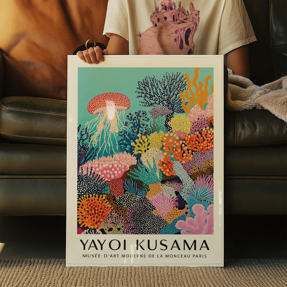Framed coral reef art with jellyfish and colourful corals held in hands