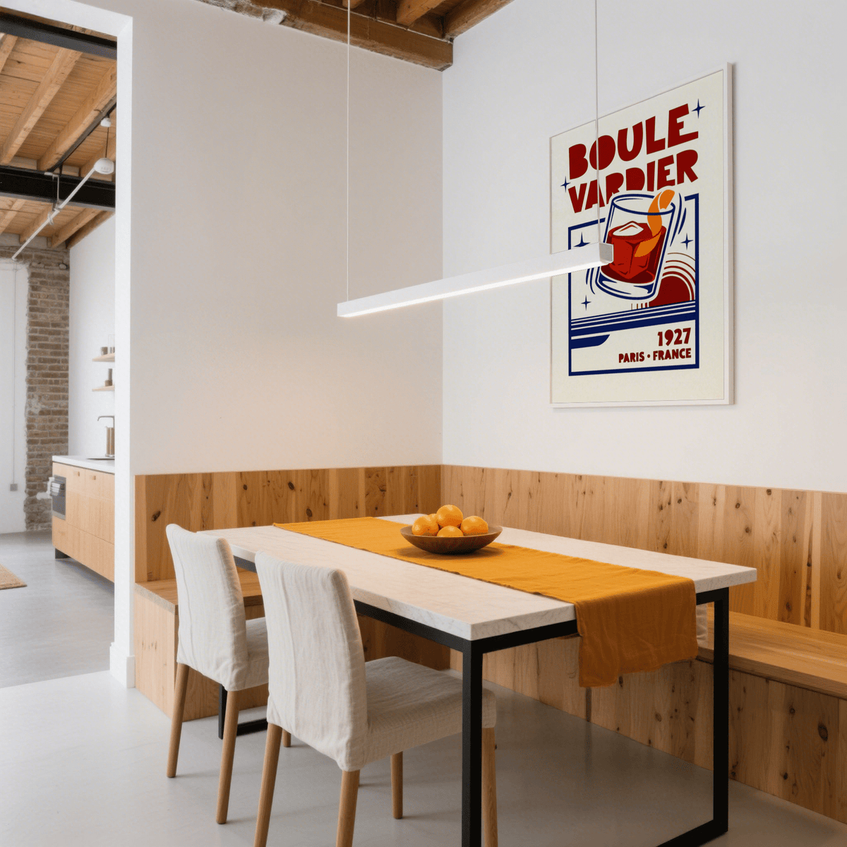 Boulevardier Cocktail Print on wall with red and blue retro typographic illustration in dining room