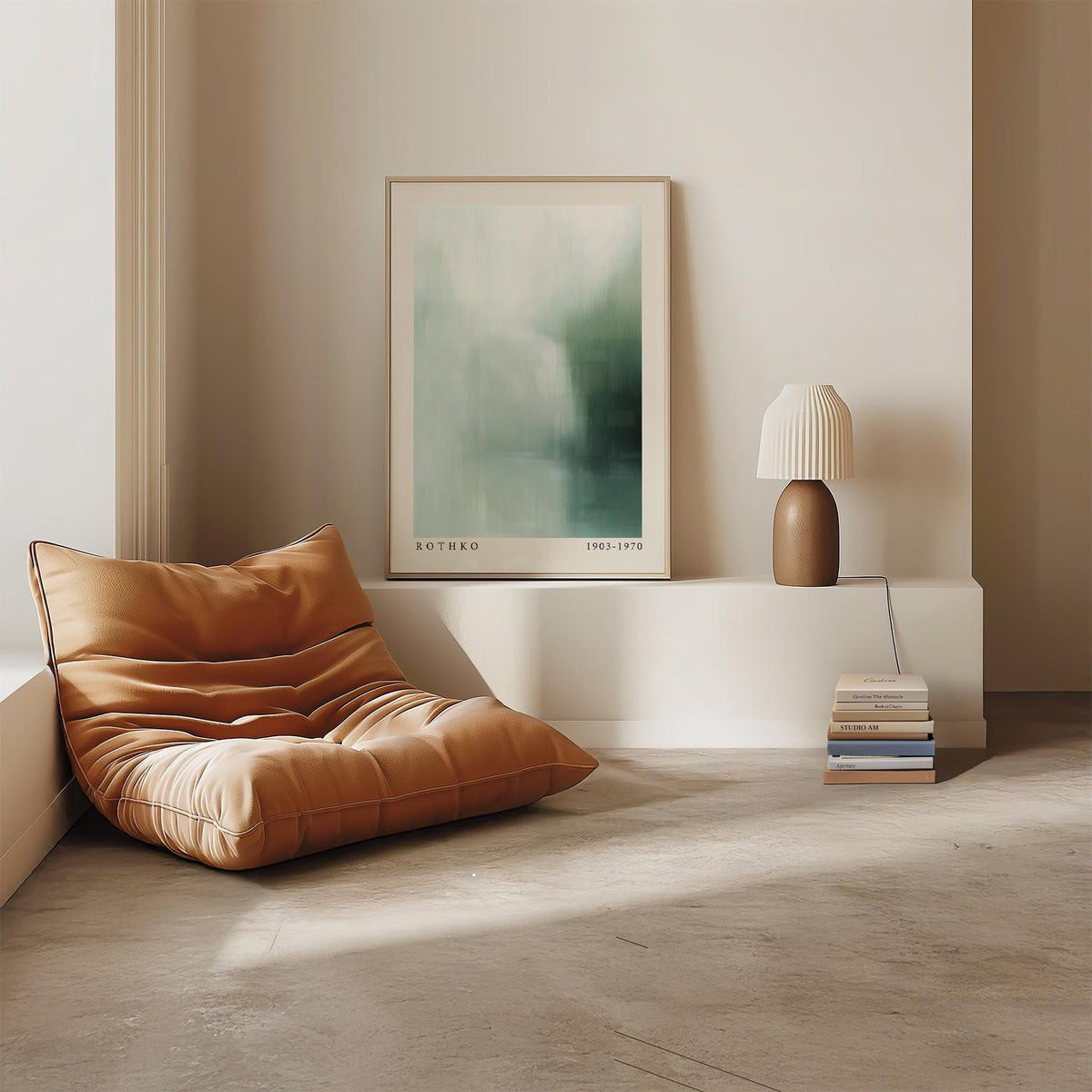 Rothko Print leaning on a shelf with soft blue and green fields and a brown lamp nearby