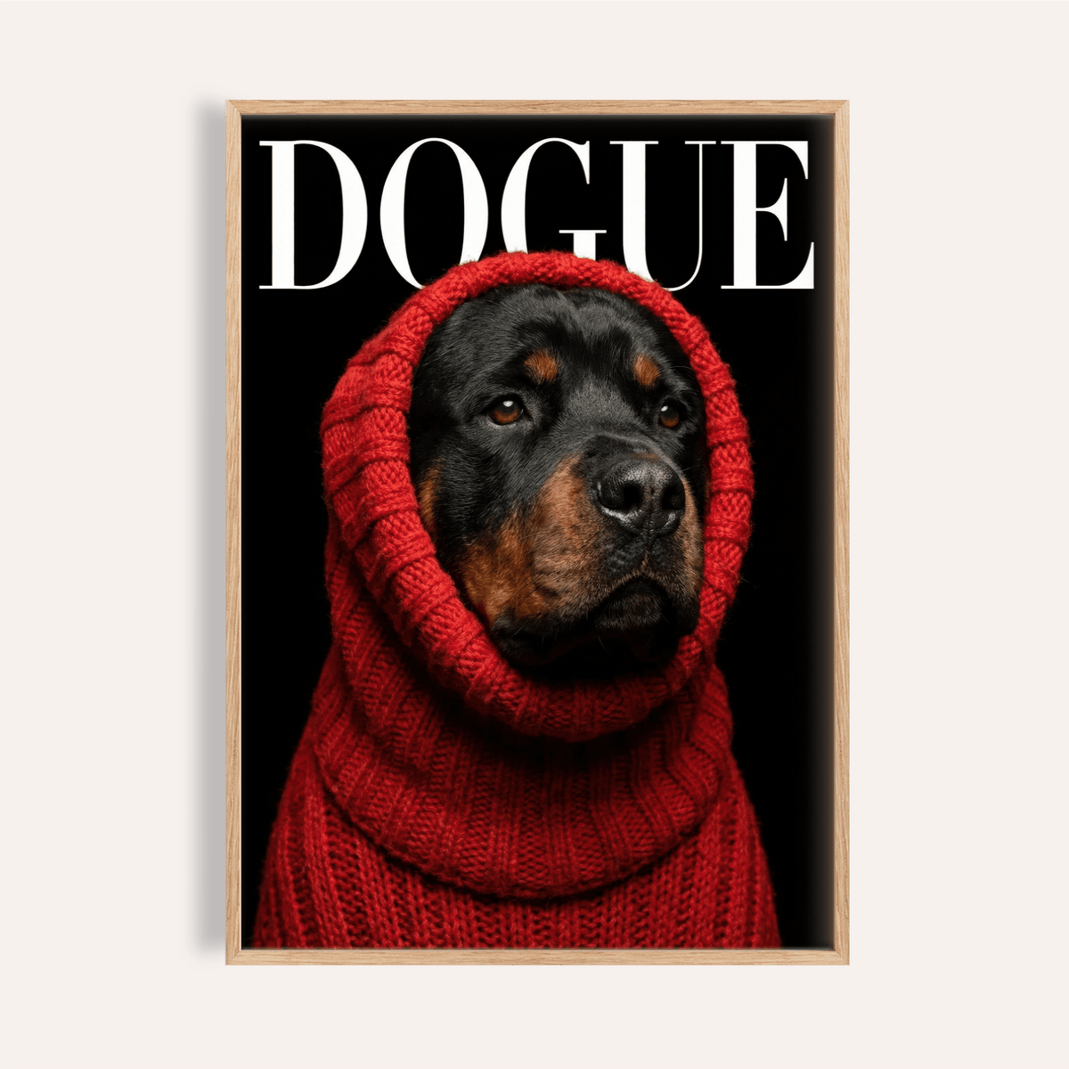 Framed print close-up of rottweiler art with a dog in a red sweater and black background