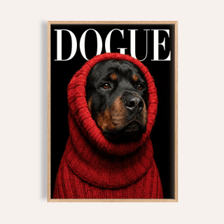 Framed print close-up of rottweiler art with a dog in a red sweater and black background