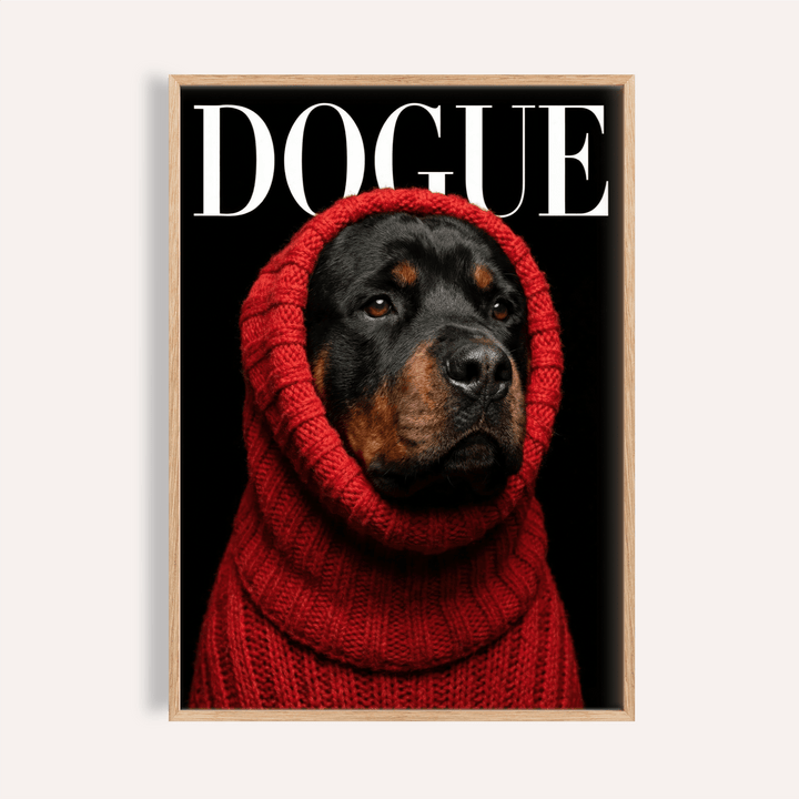 Framed print close-up of rottweiler art with a dog in a red sweater and black background