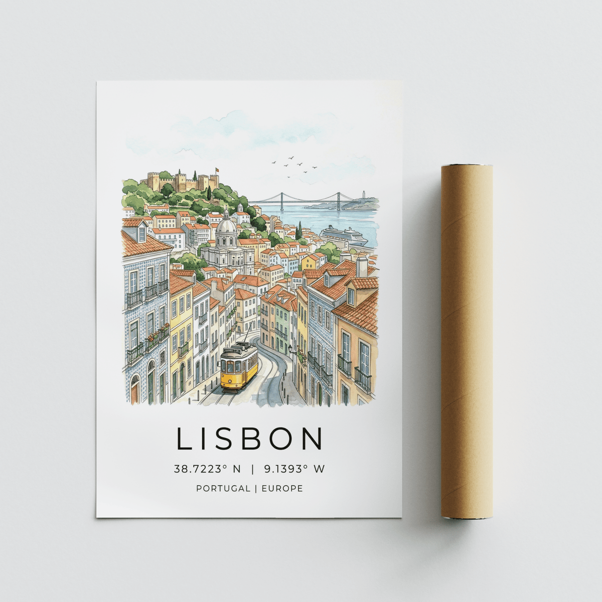 Print of Lisbon city art showing a tram on a hilly street with a castle and bridge in the background with a packaging tube