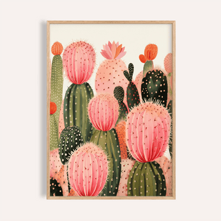 Pink Cactus Print framed print close-up showing pink and green botanical illustration with flower details