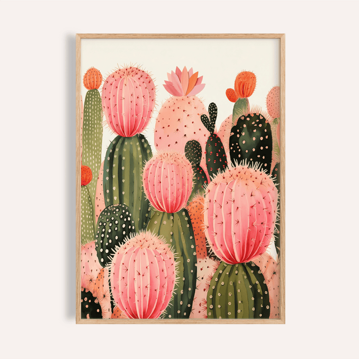 Pink Cactus Print framed print close-up showing pink and green botanical illustration with flower details