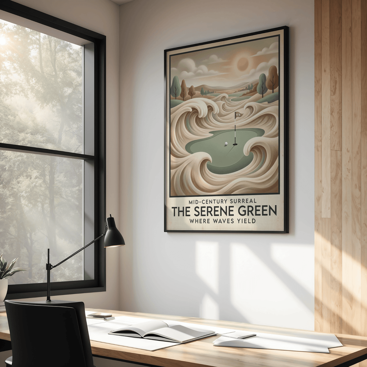 Mid-century golf wall art with surreal waves and a putting green above a desk in a bright office