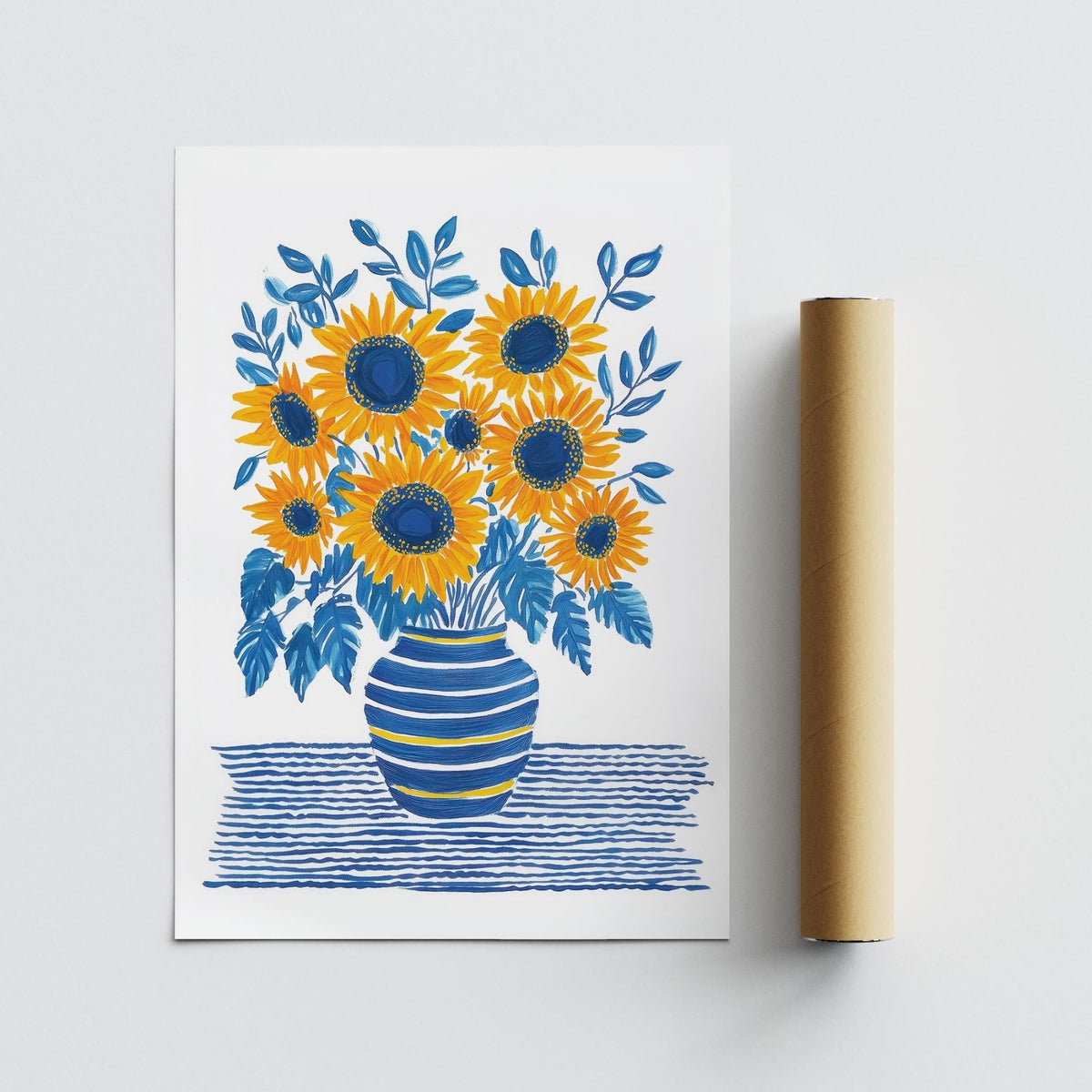 Sunflower Print flat artwork of yellow and blue sunflowers in a striped vase beside a brown packaging tube