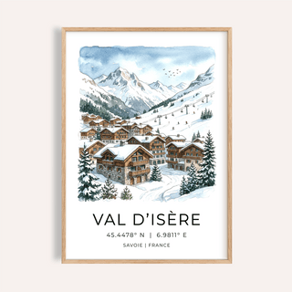 Framed Winter Landscape Art Print of a snowy ski chalet village with mountains in watercolour
