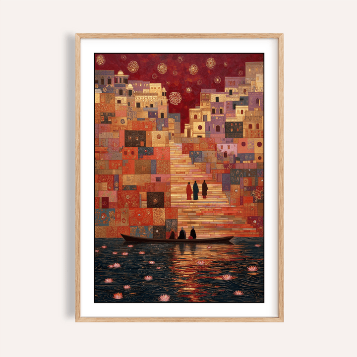 Framed print of Varanasi art print showing people on a boat by vivid stairs in warm shades