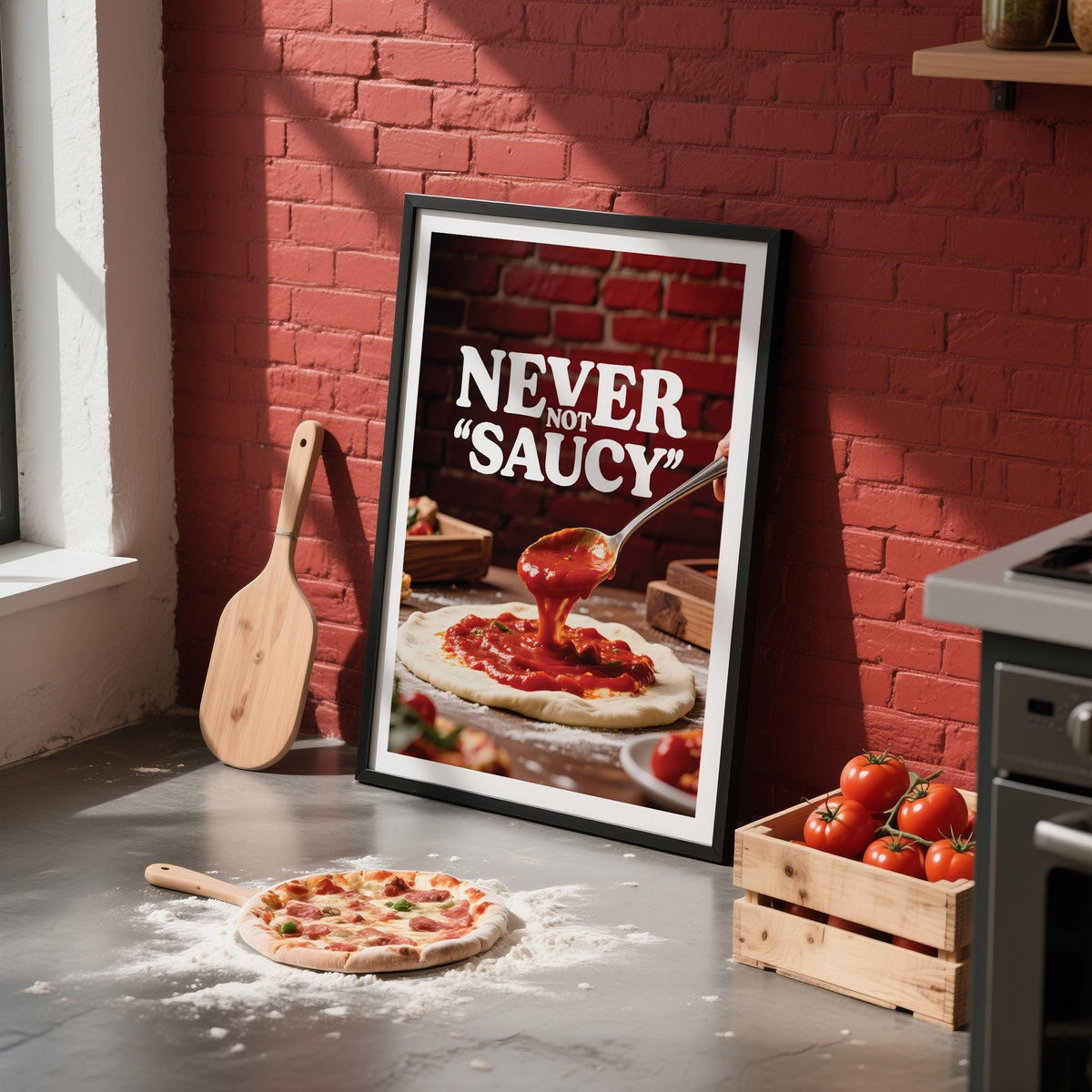 Framed Pizza Wall Art of pizza sauce being poured on dough leaning on a kitchen countertop near a wooden pizza peel