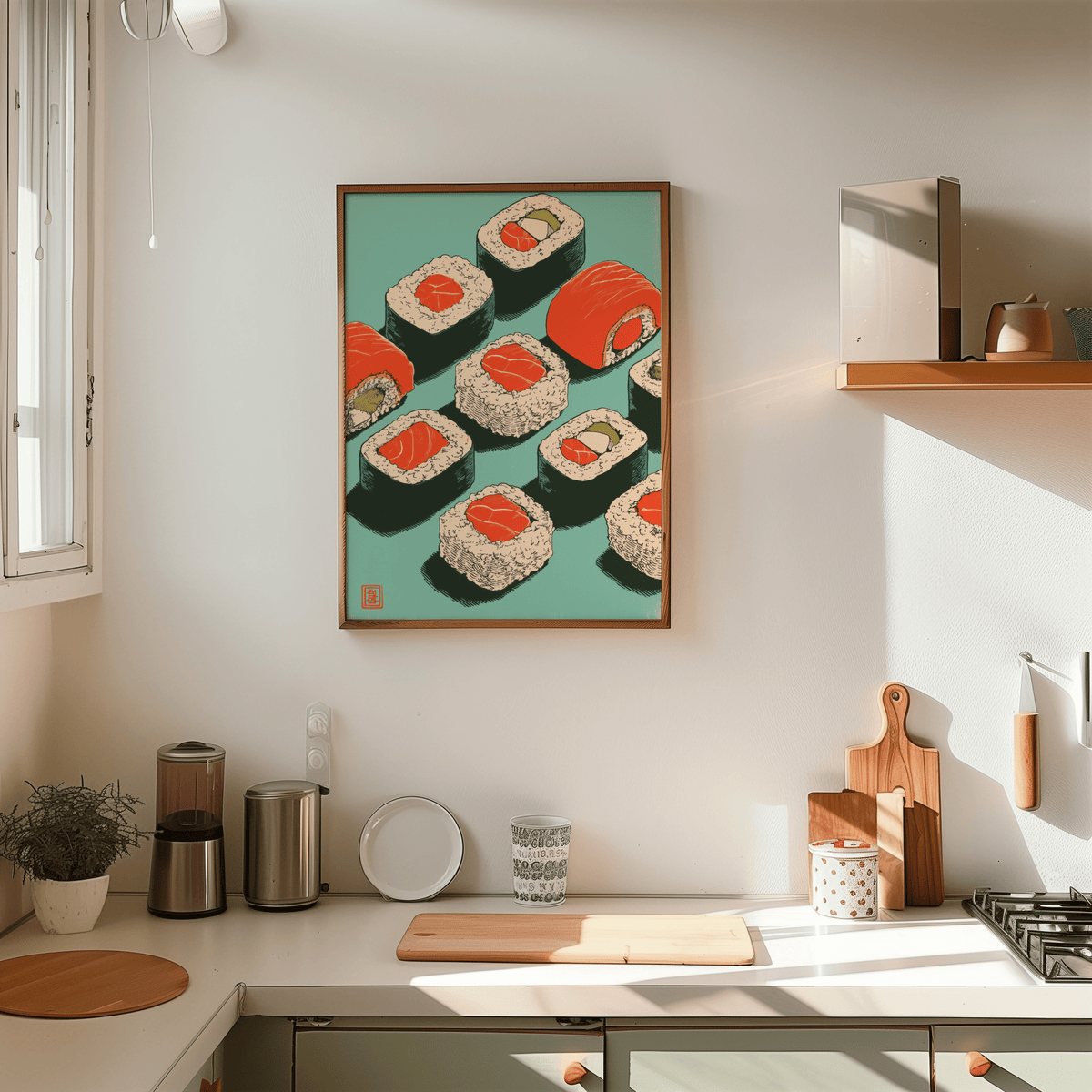 Sushi Art Print on a kitchen wall with red, white and teal sushi illustration above a coffee maker