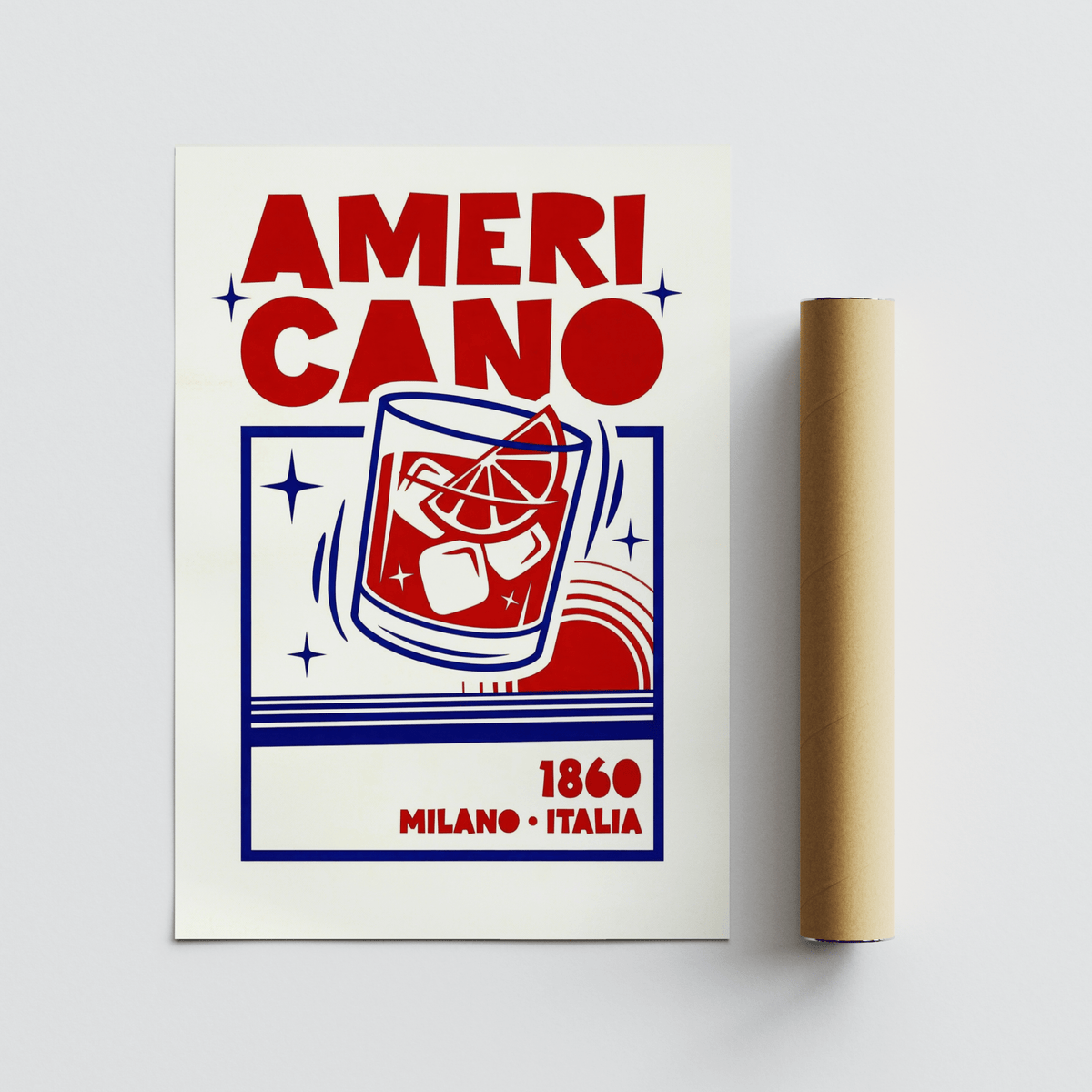 Americano Cocktail Poster of a red and blue minimalist drink illustration next to a brown packaging tube