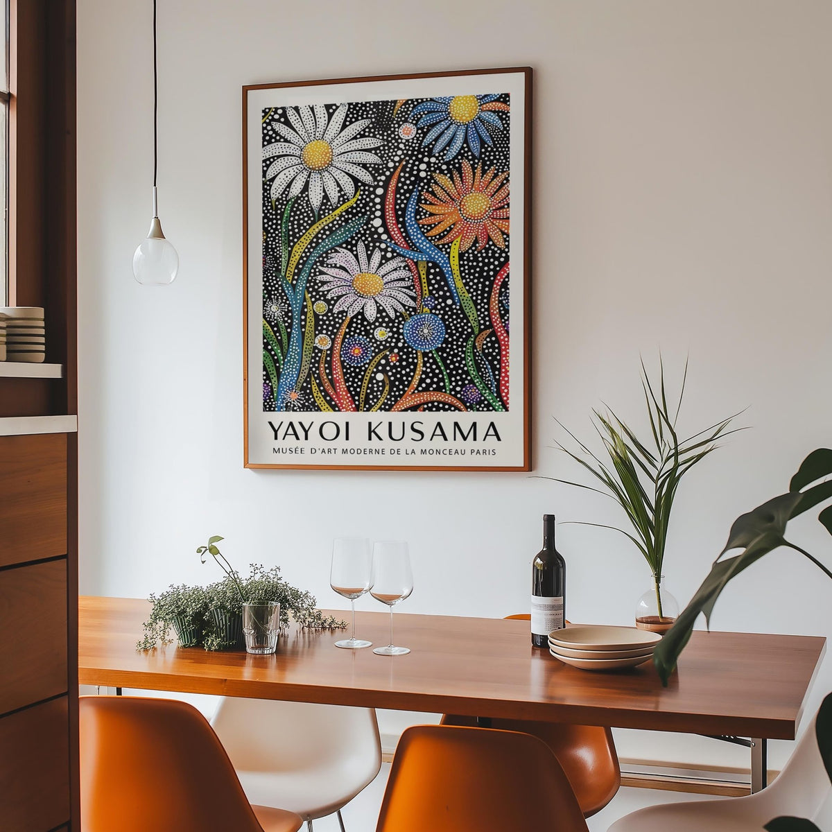 Flower Print for Framing on a dining room wall with a wooden table and wine bottle nearby