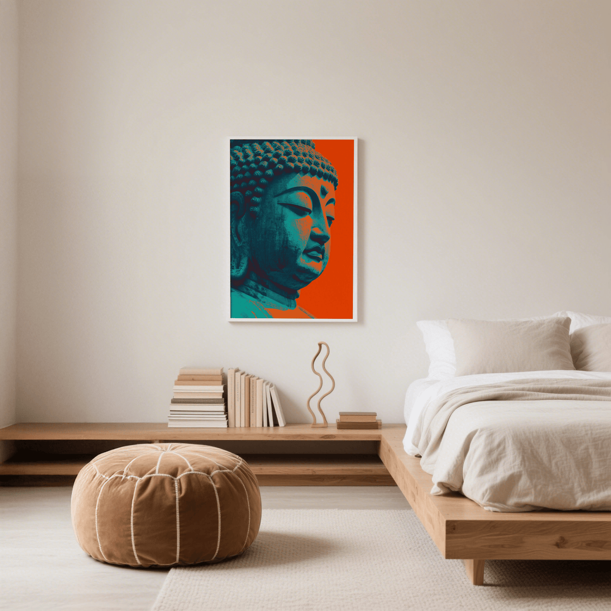 Framed Buddha Wall Art in blue and orange above wooden shelf with books and sculpture in bedroom