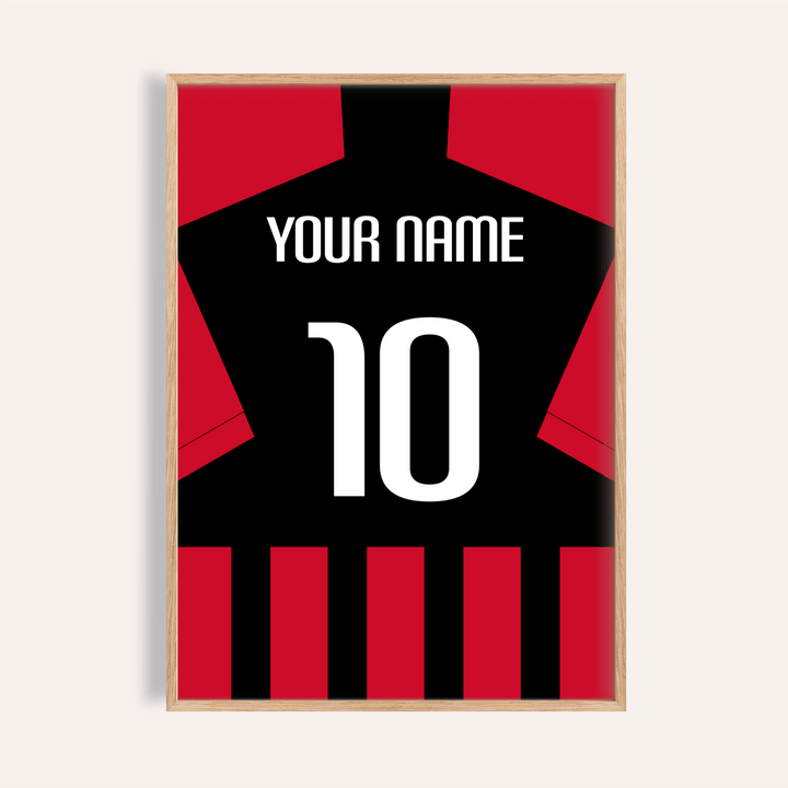 Close-up of football shirt poster in black and red stripes with custom name and number 10 in a simple frame
