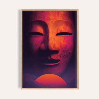 Dreamy Mask wall art close-up of surreal red and purple mask face with orange sun