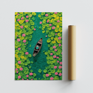 Colorful Water Lily Poster print next to a packaging tube showing a person in a boat on a green pond with pink flowers