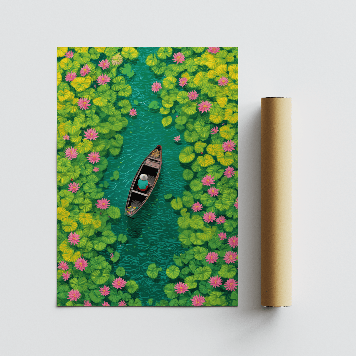 Colorful Water Lily Poster print next to a packaging tube showing a person in a boat on a green pond with pink flowers