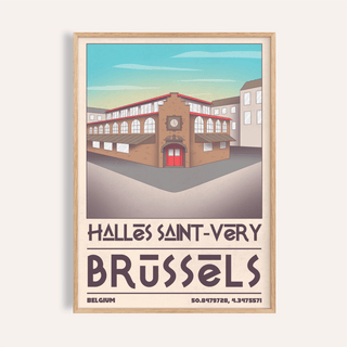 Framed Brussels Architecture Art Print of Halles Saint-Véry with red door and blue sky