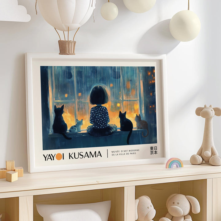 Framed Cat Wall Decor showing a girl with cats by window in dark blue and orange tones on a shelf with wooden toys