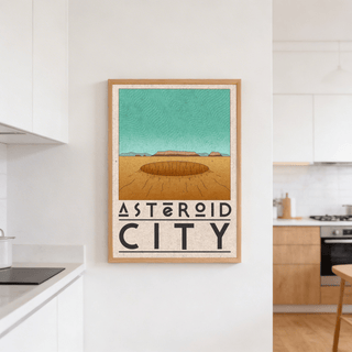 Retro Desert Sci-Fi Poster on wall showing minimalist asteroid crater illustration in tan and turquoise colours in a kitchen