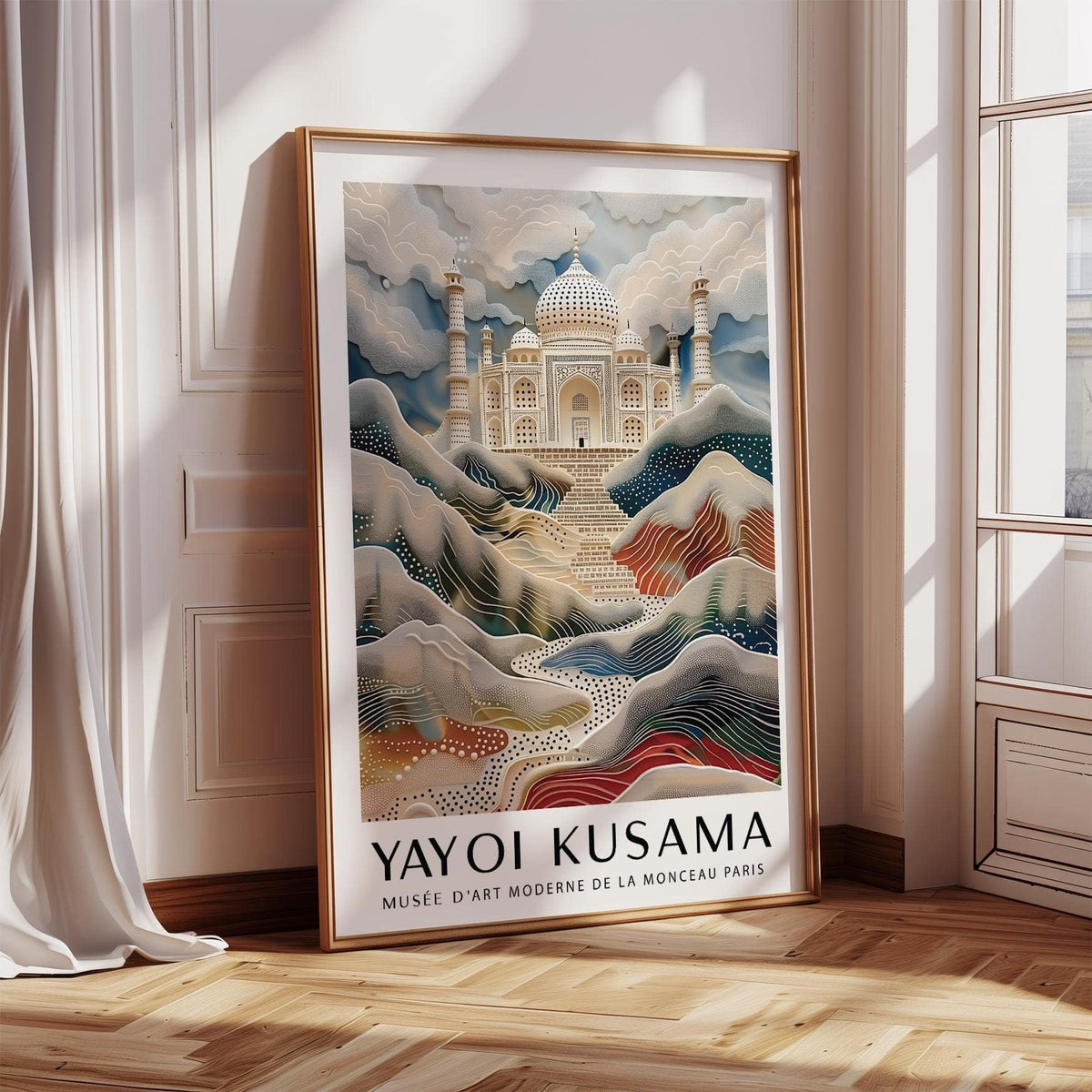 Framed close-up of surreal Taj Mahal wall art with creamy clouds and colourful hills leaning by a window